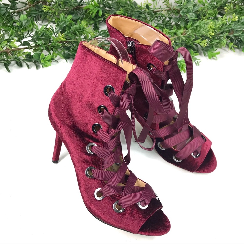 Zendaya Maroon Velvet Lace-up Peeptoe Booties Sz 6